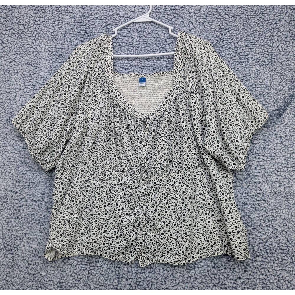 Old Navy Button Up Top Size 3X Puff Sleeve Floral Cottage Boho Milkmaid White